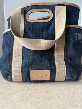True Religion Denim Tote Bag with Tan Trim and Straps